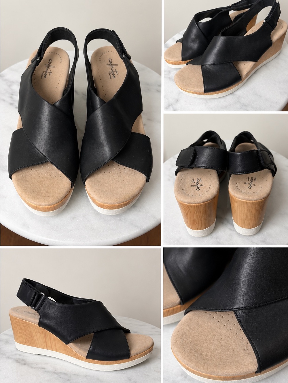 Clarks Collection Cammy Pearl Black Leather Wedge Sandals | Size 12M 🌿
